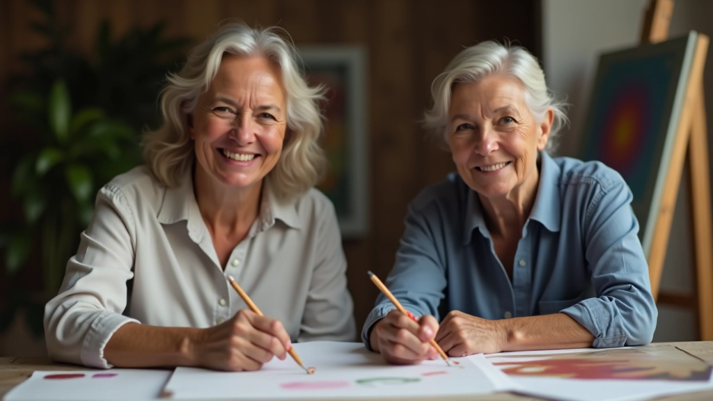 Grupo diversificado de pessoas em aula de arte criativa, sorrindo e concentradas