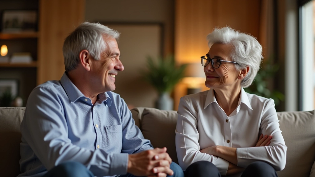 Grupo diverso de pessoas adultas 45+ em ambiente acolhedor, conversando com expressões de satisfação e bem-estar