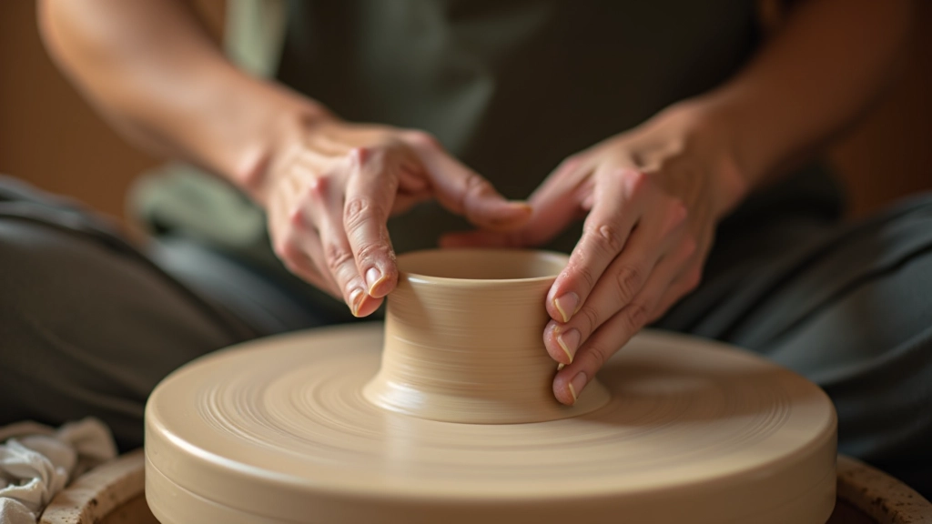 Mãos de uma pessoa a trabalhar com cerâmica e barro numa roda de oleiro