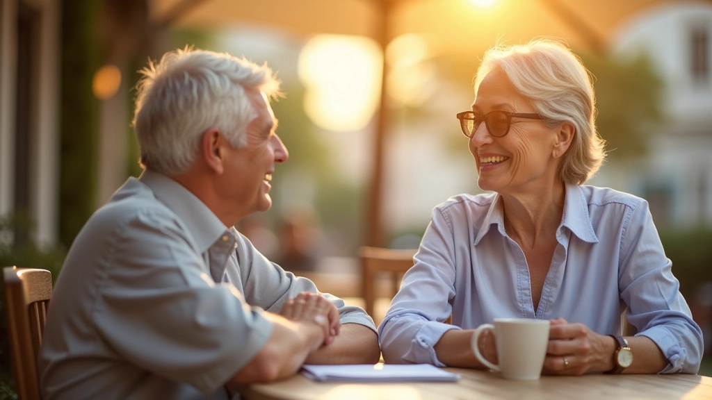 Duas pessoas a conversar num café ao ar livre, desfrutando de um momento de lazer significativo