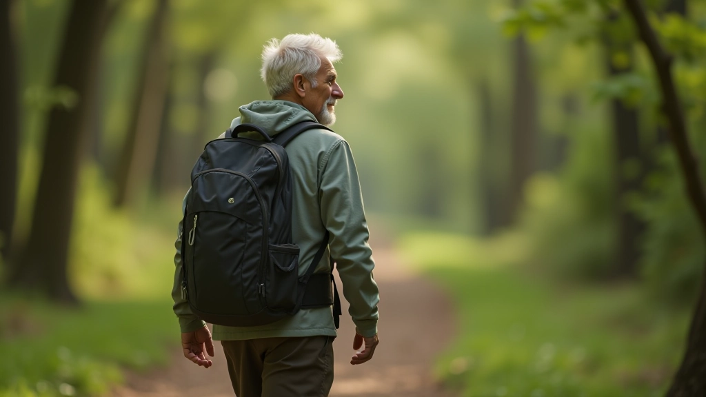 Pessoa adulta a caminhar na natureza, com moochila, explorando com propósito