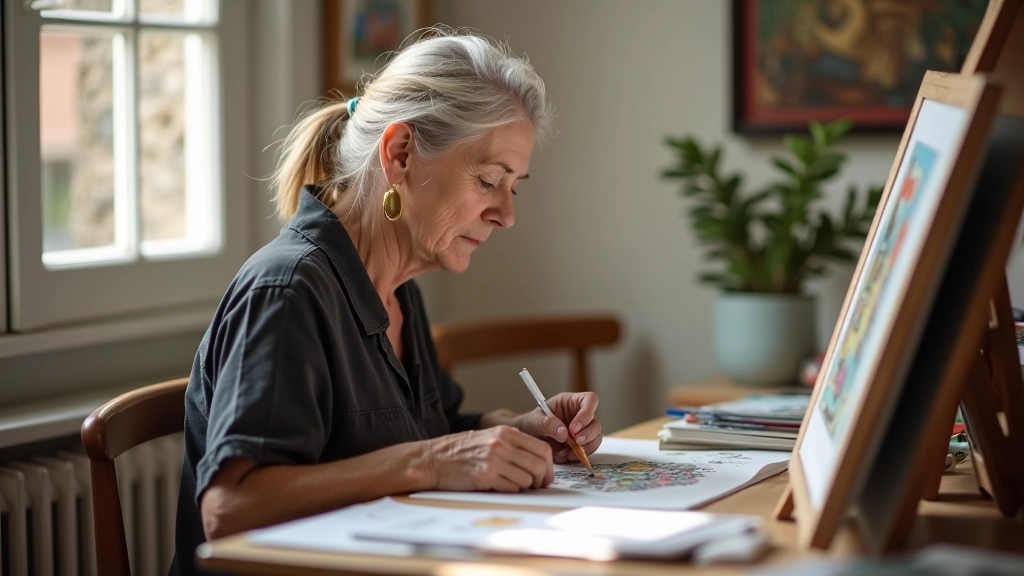 Pessoa sénior a desenhar num estúdio de arte com luz natural abundante