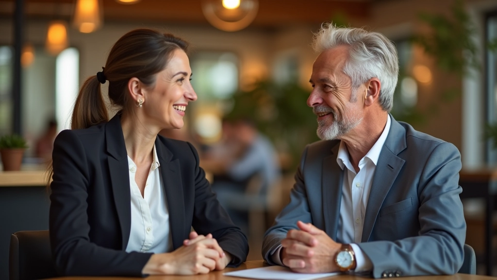 Grupo de dois profissionais seniores em conversação descontraída, plano do busto, expressões naturais, café moderno, iluminação suave, fundo desfocado