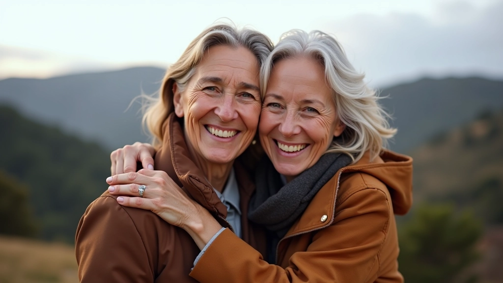 Duas mulheres amigas de meia-idade abraçadas ao ar livre com montanhas ao fundo