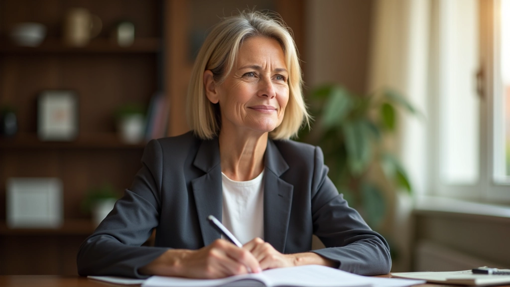 Mulher adulta sorridente sentada à mesa com caderno, refletindo sobre o futuro