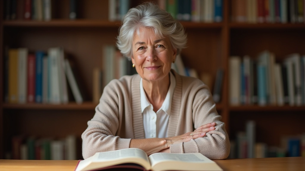 Pessoa com 52 anos numa biblioteca ou sala de leitura, concentrada num livro, luz suave da tarde, ambiente calmo e organizado