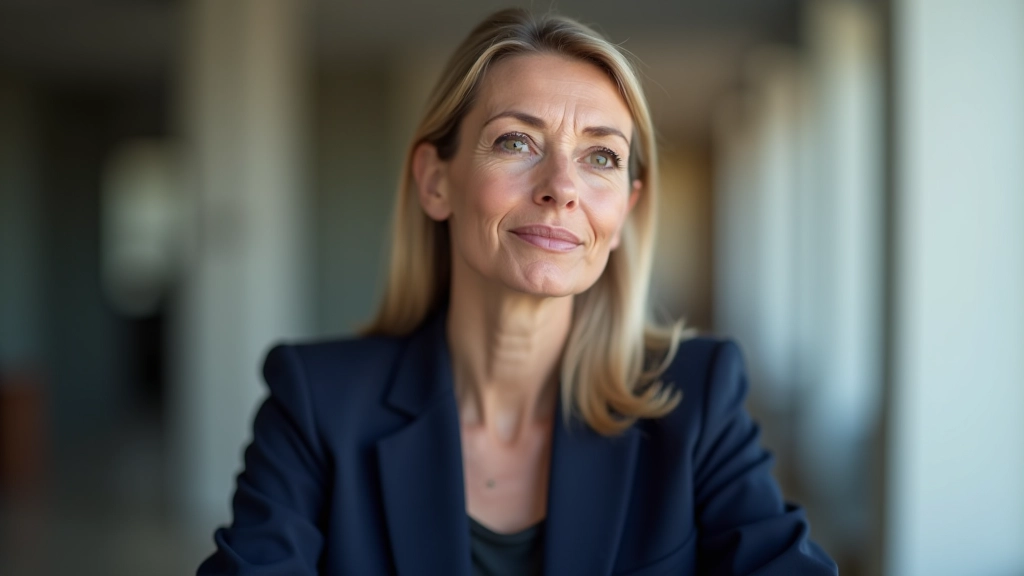 Mulher profissional de 55 anos, retrato do peito para cima, sorriso confiante, roupa de trabalho formal, iluminação de escritório moderno, fundo desfocado